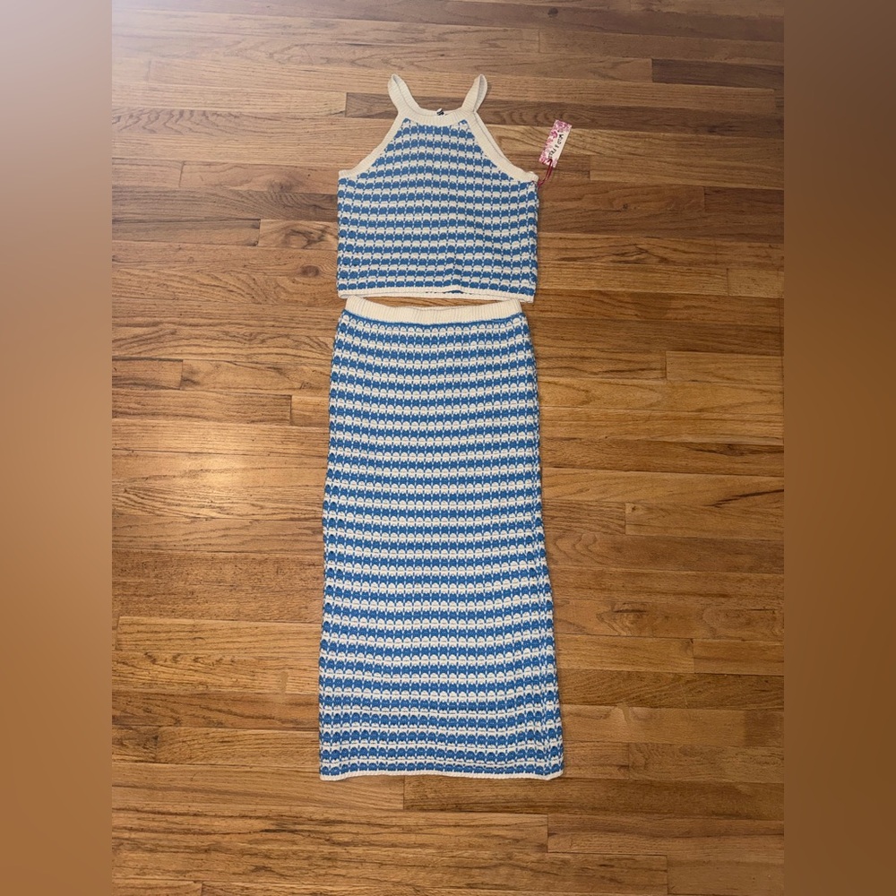 Blue and White Knit Two-Piece Set